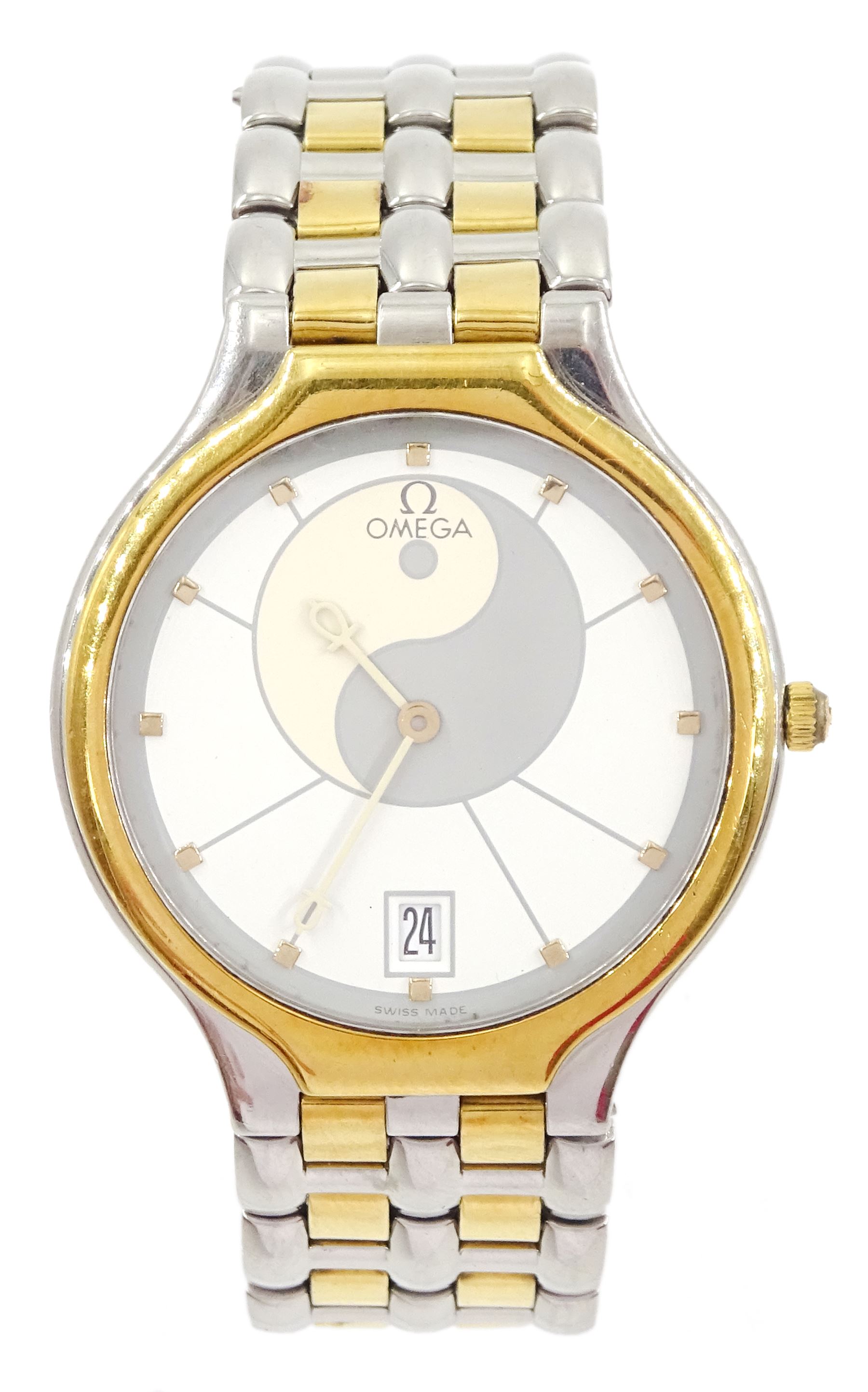 Omega gold and stainless steel quartz wristwatch, Cal. 1441, pink / cream and and grey Yin Yang dial, with  Egyptian Ankh hands and date aperture at 6 o'clock, on integrated Omega gold and stainless steel bracelet strap, with fold-over clasp