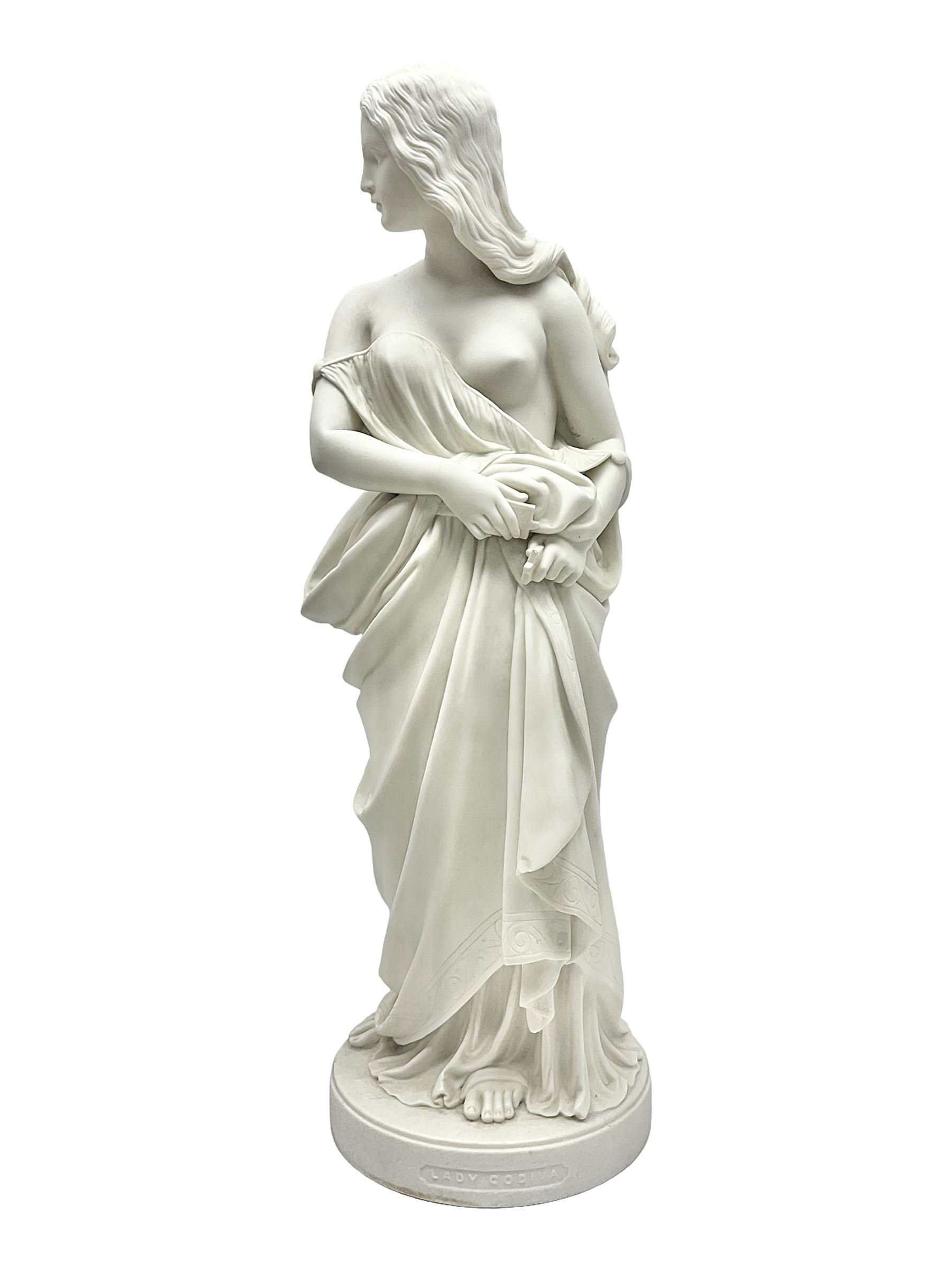 19th century Copeland Parian Ware figure, after R Monti, modelled as Lady Godiva, upon a circular titled plinth, signed and dated verso R Monti 1870, impressed to base Copyright Reserved Copeland, overall H22cm