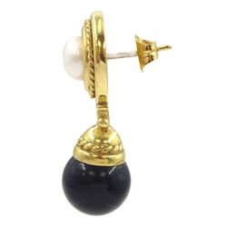 Pair of 18ct gold black onyx and pearl pendant stud earrings, Sheffield import mark 1990