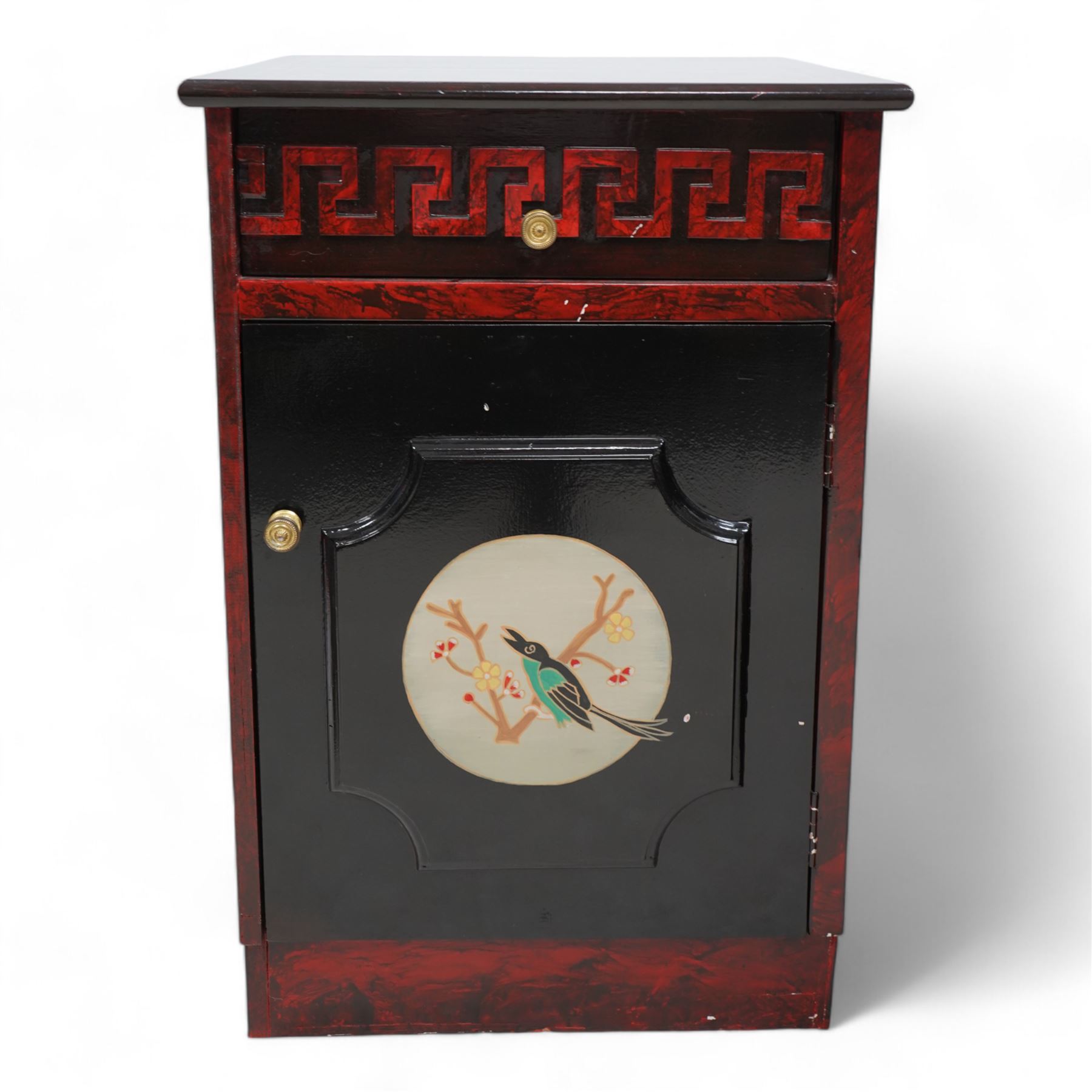 Set of three late 20th century Chinese design black lacquered bedside cabinets, fitted with single drawer with raised Greek key band, single cupboard below decorated with bird on floral branch 