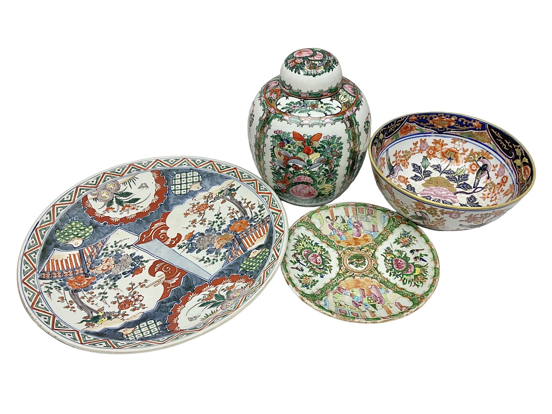 19th century and later Chinese ceramics, to include charger, with hand painted floral and foliate decoration, footed bowl, decorated in enamel with birds amongst prunus blossom,  a smaller plate decorated with figural panels and a ginger jar with cover, with hand painted floral decoration and four character marks beneath, charger D40.5cm