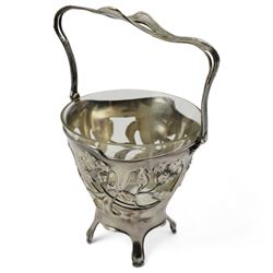 Early 20th century German Art Nouveau silver-plated bonbon basket by Dupper & Bernhold - Esslingen, with pierced and moulded floral body, stylised swing handle and glass liner, stamped DBE, H18cm 