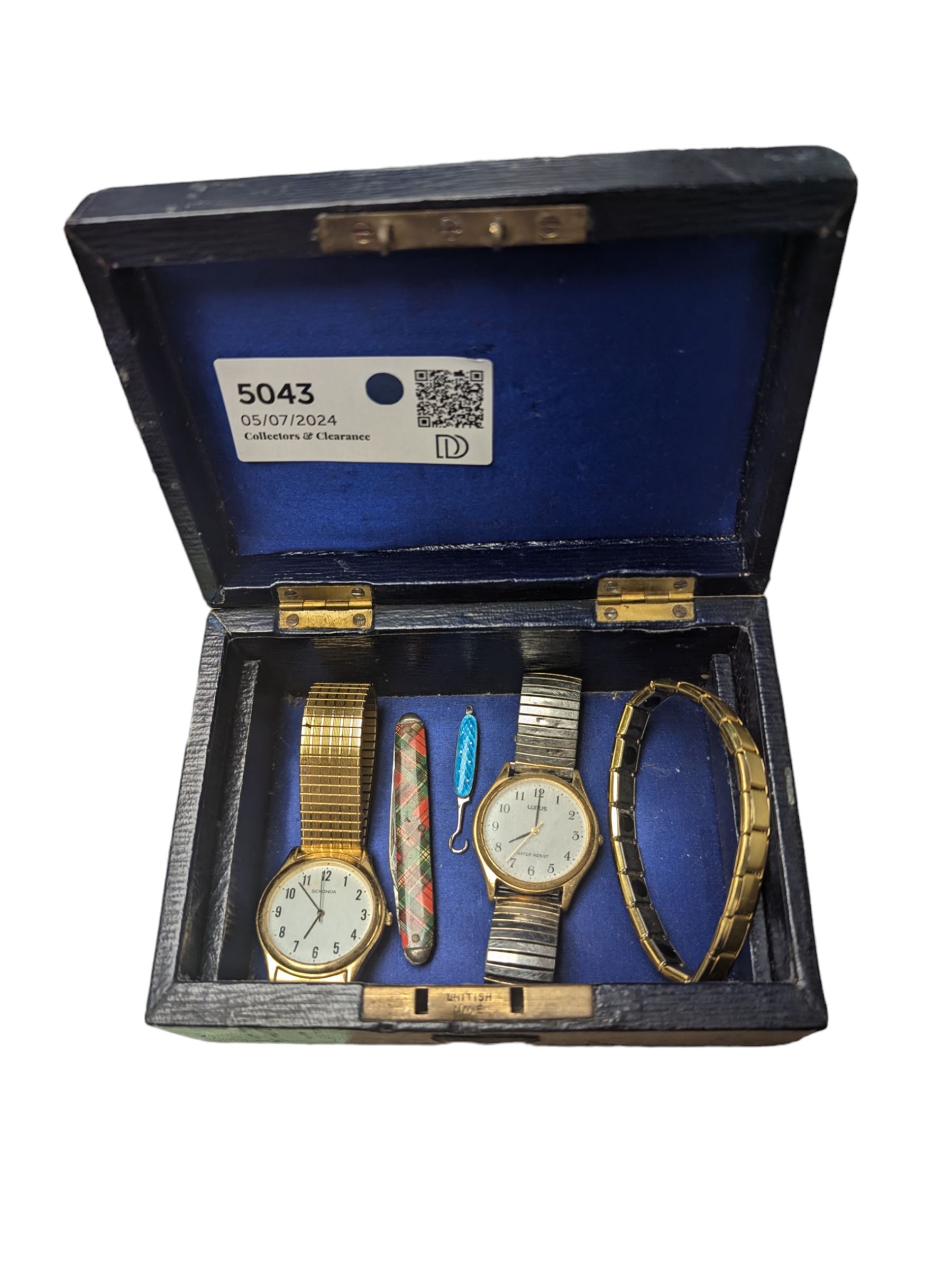 Two gentleman's wristwatches, miniature enamel button hook, etc in tooled leather box