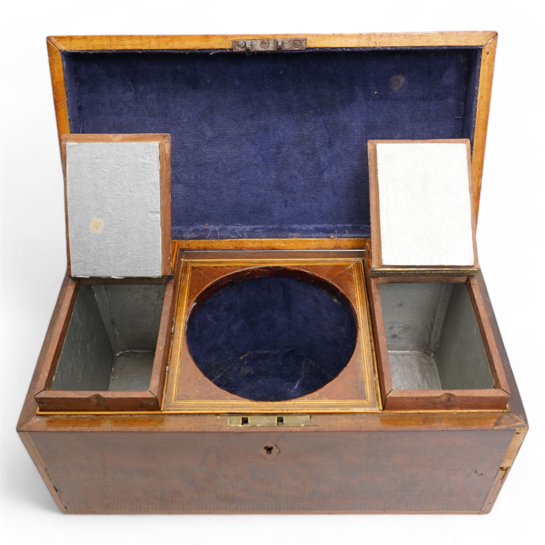 Early 19th century mahogany tea caddy crossbanded in satinwood, the interior with two covered containers and bowl recess W31cm