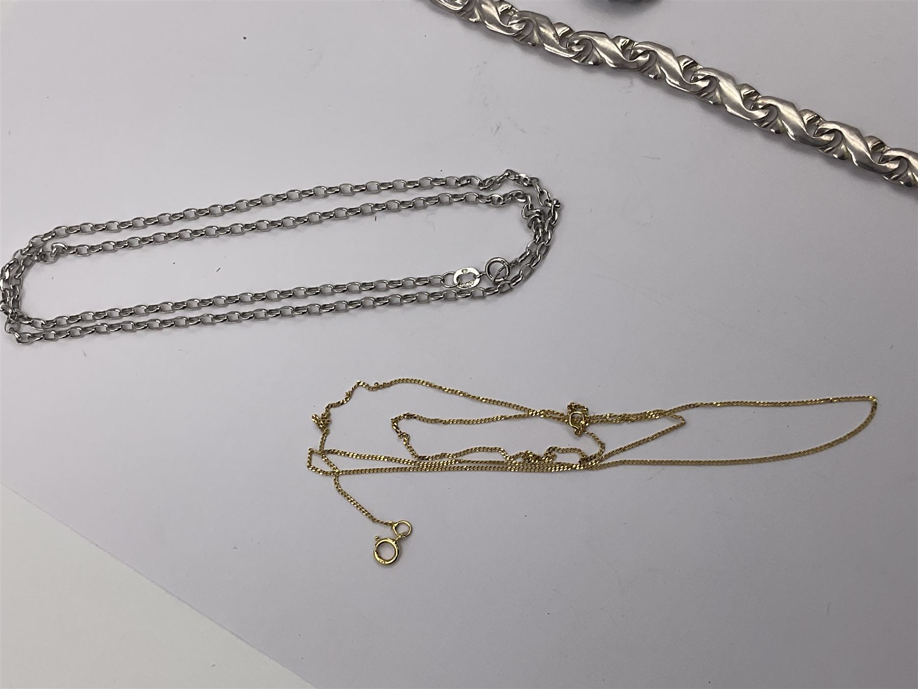 9ct gold opal pendant necklace, two other 9ct gold chains and a collection of stone set silver jewellery