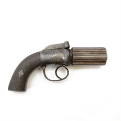 19th Century Percussion Cap Pepperpot Pistol, with rotating six shot barrel, engraved body...