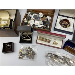 A collection of Vintage and later costume jewellery and wrist watches, to include a ladies Bulova bark effect watch, a silver brooch, hallmarked London import, boxed Webb Corbett paperweight, small Swarovski figure, together with a 19th century burr walnut box, a smaller brass bound mahogany box, etc. 