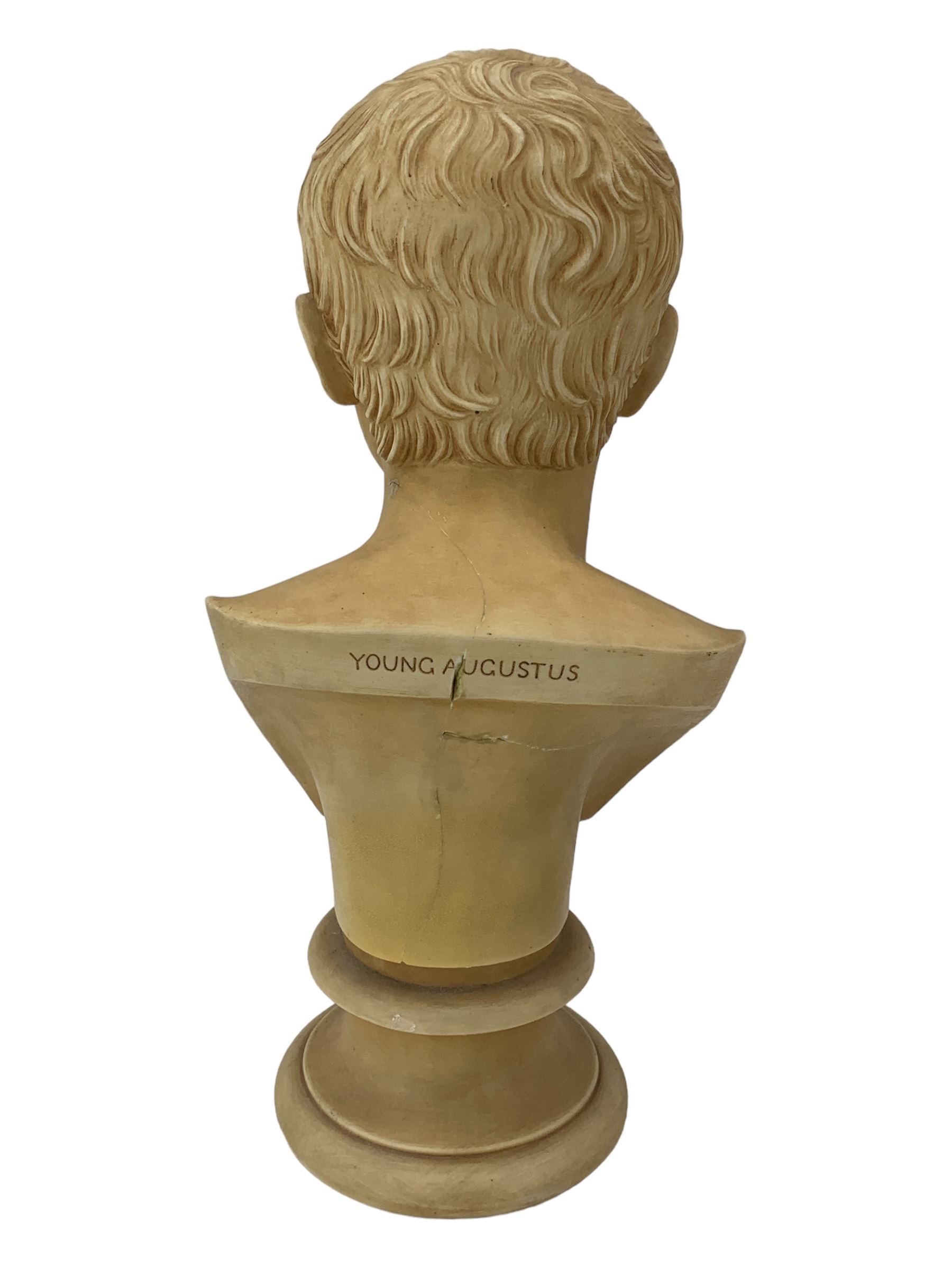 After Antonio Canova (1757 - 1822): 'Young Augustus', faux marble bust on socle plinth, with a faux marble Corinthian column pedestal, H118cm overall 