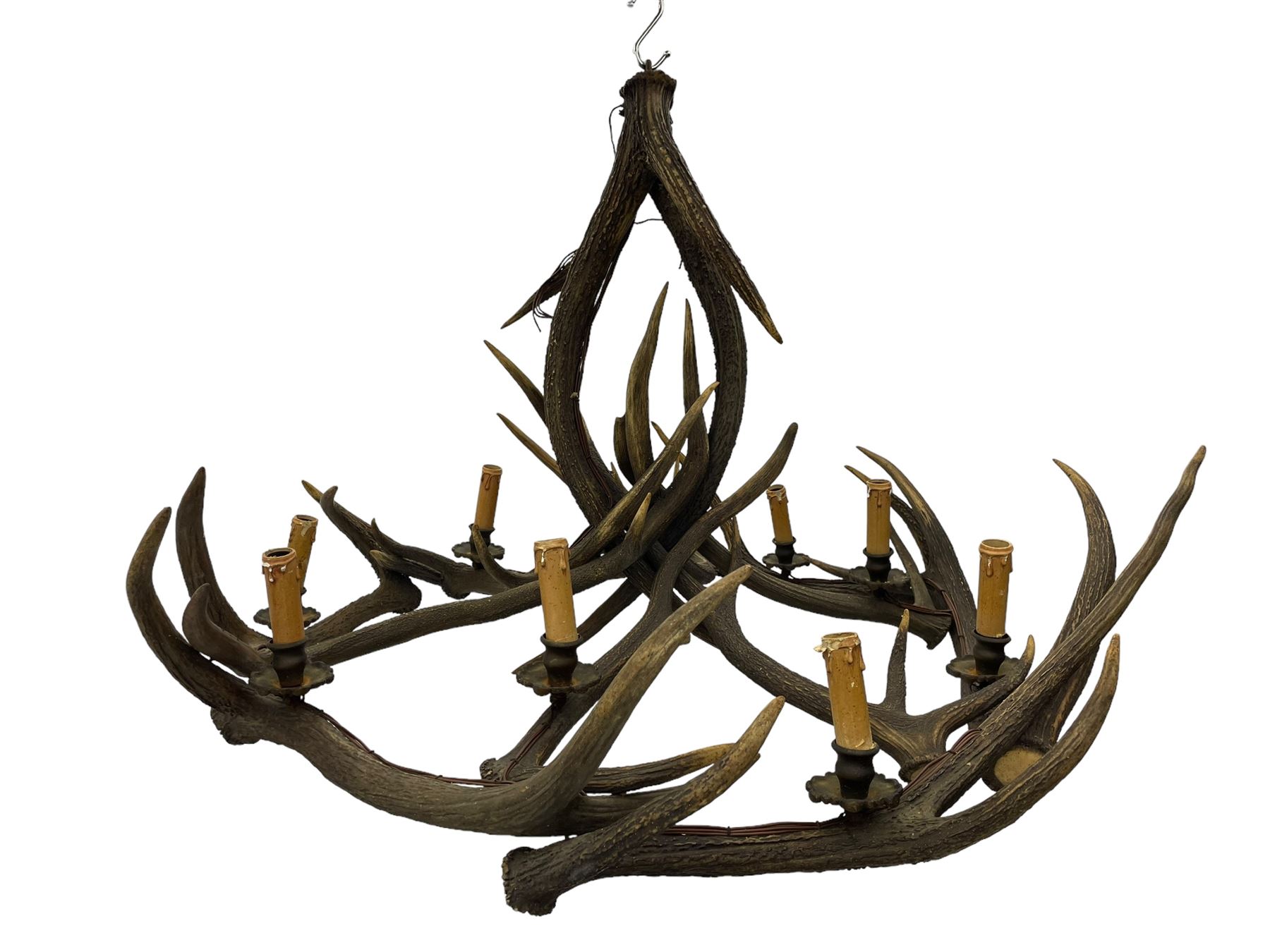 Deer antler chandelier, of circular shaped form, with nine fitted lights, D84cm, H65cm