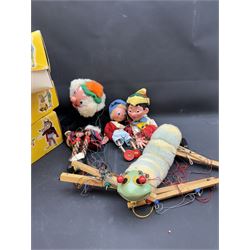 Four Pelham Puppets and a theatre, to include Macboozle SM4, Pinocchio SL1, Caterpillar and Noddy, three puppets and theatre boxed