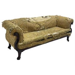 19th century mahogany settee, rolled S-scrolled arms carved with lion masks and acanthus leaf scrolls, the lower moulded rail carved with scrolling design, raised on carved paw feet with recessed brass and ceramic castors 