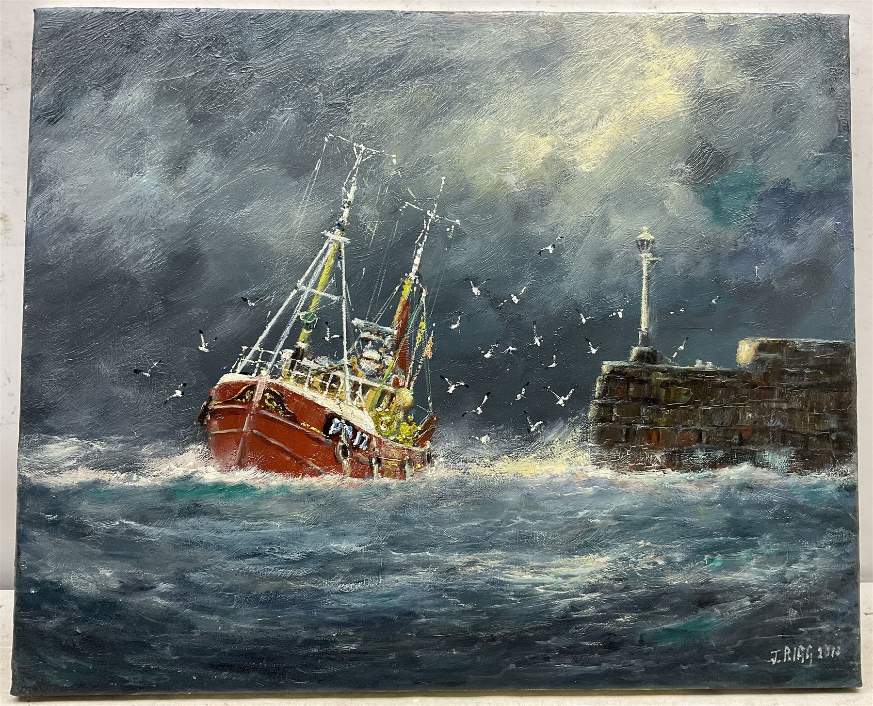 Jack Rigg (British 1927-2023): 'Rough Homecoming', oil on canvas signed and dated 2013, titled verso 46cm x 56cm (unframed)