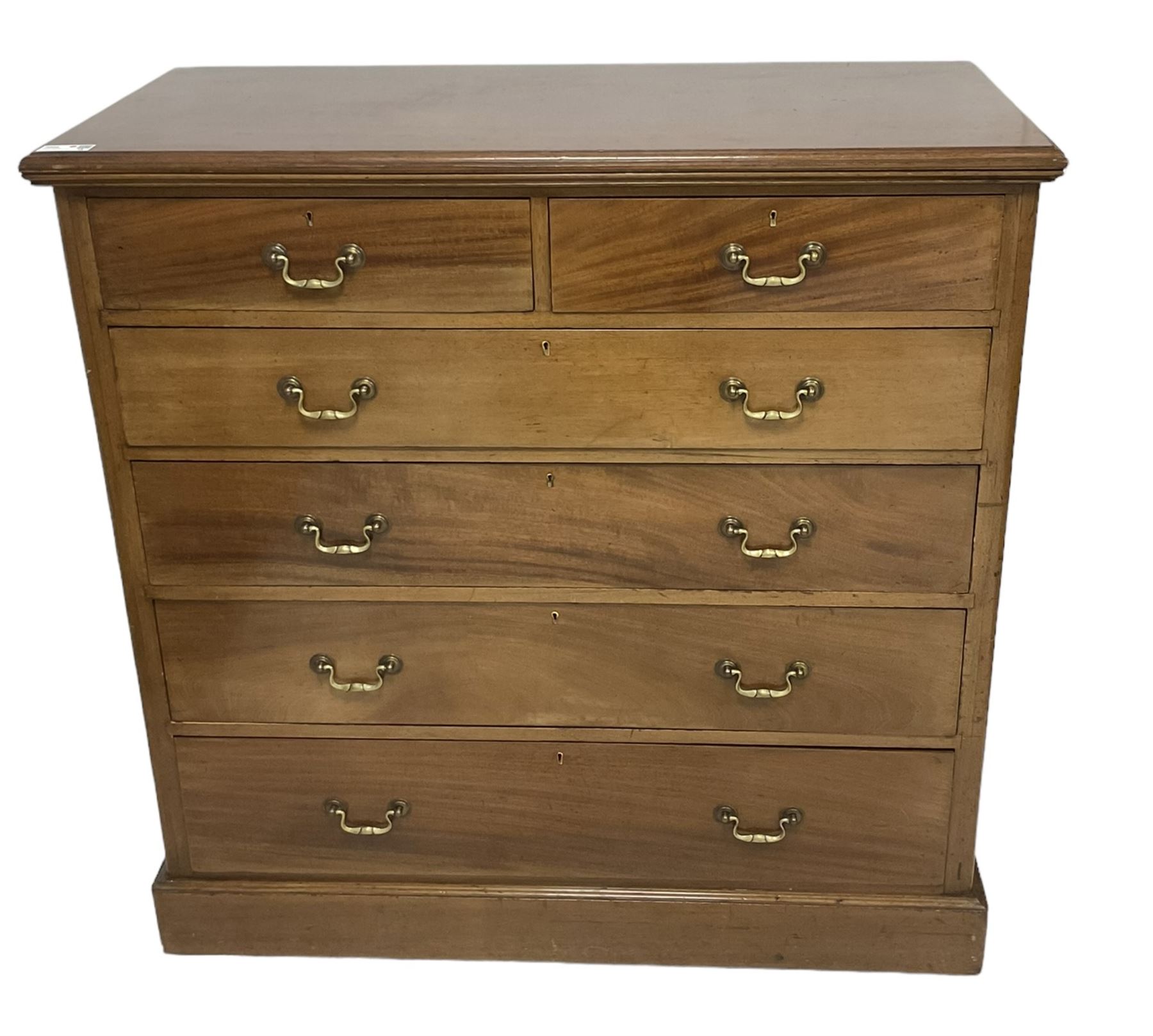 Large Victorian mahogany chest, moulded rectangular top over two short and three long graduating drawers, on plinth base 