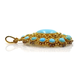  Middle Eastern 18ct gold, turquoise set leaf design openwork brooch, stamped 750gold and turquoise set openwork pendant and pendant/brooch, both tested 18ct (3)  