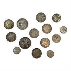 Approximately 190 grams of Great British pre 1920 silver coins, including George IIII 1821 crown with 'WP' stamp to obverse, Queen Victoria 1890 crown, King George V 1912 halfcrown etc