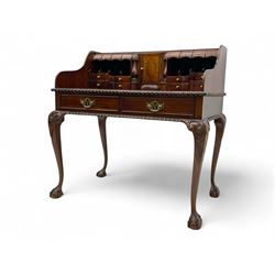 Early 20th century mahogany writing desk, gallery back with scalloped cubby holes and smal...