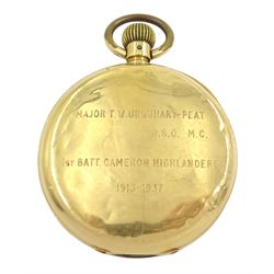 Early 20th century 18ct gold keyless Swiss lever presentation pocket watch, white enamel dial with Roman numerals and subsidiary seconds dial, case stamped 18K with Helvetia hallmark, back case engraved 'Major T.W. Urquhart-Peat D.S.O.  M.C 1st Batt. Cameron Highlanders 1913-1937'