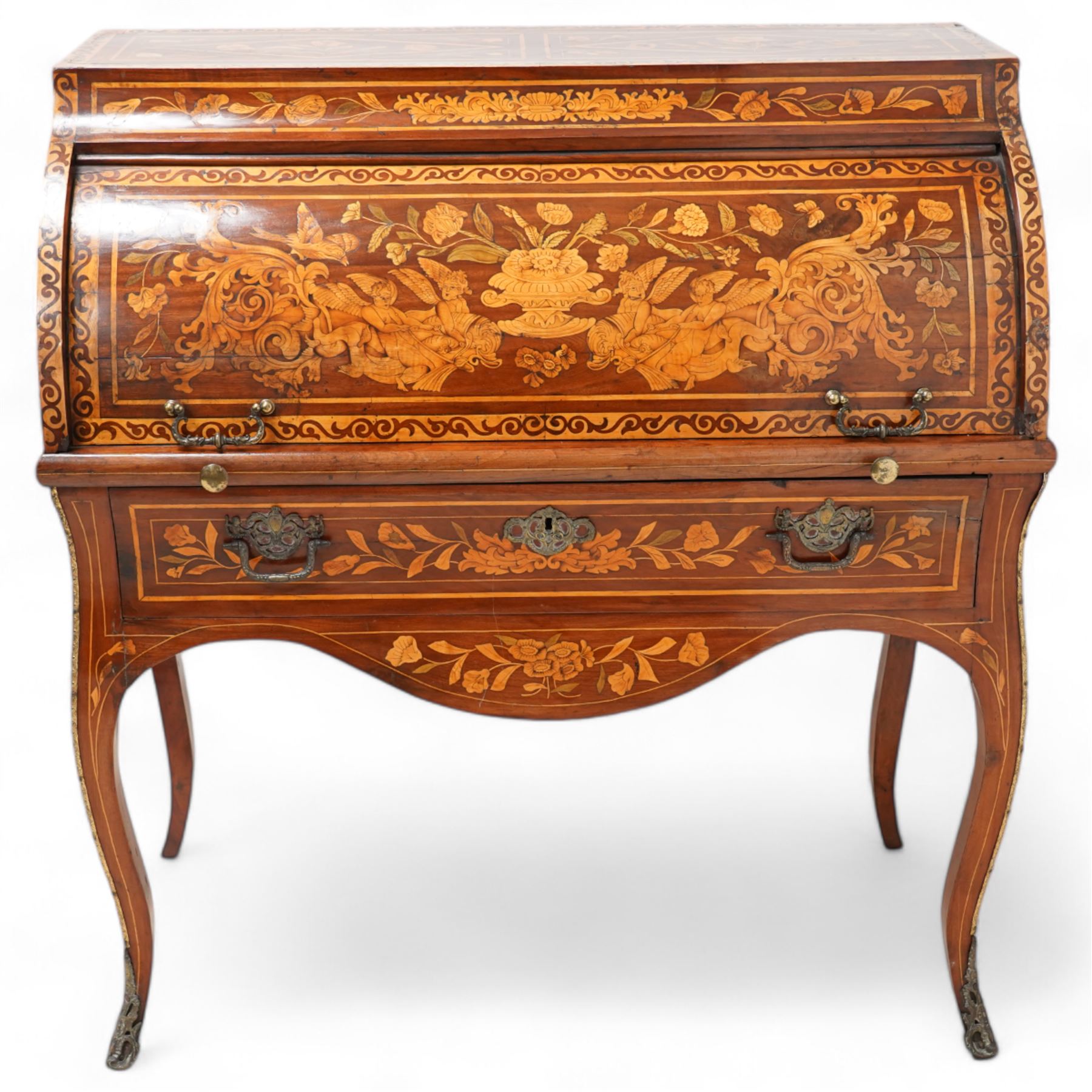 19th century Dutch marquetry cylinder bureau or desk, the cylinder roll inlaid with scrolling acanthus leaves and putti riding dolphins, hook scrolling border, the interior fitted with small drawers, pigeon holes and retractable writing surface, single drawer below inlaid with trailing foliate branches, on cabriole supports with gilt metal mounts