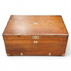 19th century camphor wood and brass mounted campaign chest, hinged lid with recessed brass...