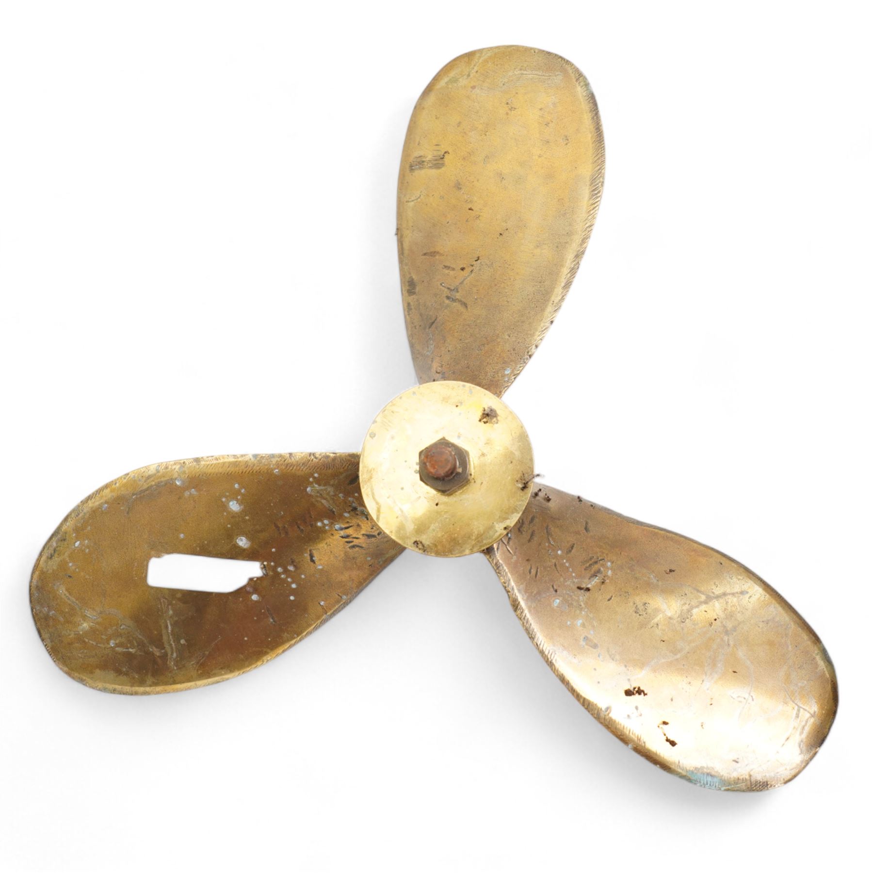 Two brass boat propellors, W37cm max, together with a wooden ships pulley (3)