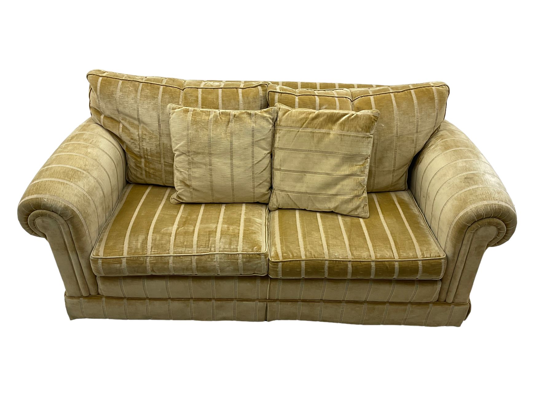 Duresta England - two-seat sofa, upholstered in pale gold fabric, traditional shape with rolled arms