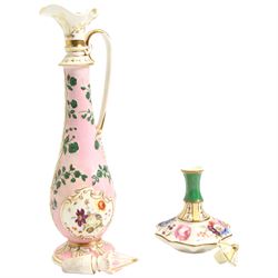 19th century porcelain scent or essence bottle, possibly by Henry & Richard Daniel, of baluster form, relief moulded with leaves and flowers and painted with panels of flowers,  with associated conical form stopper, H30.5cm together with a 19th century French scent bottle and stopper (2)