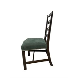 Set of twelve (10+2) Chippendale revival stained beech dining chairs, pierced waived ladder backs with over-stuffed over seats, on square moulded supports joined by stretchers