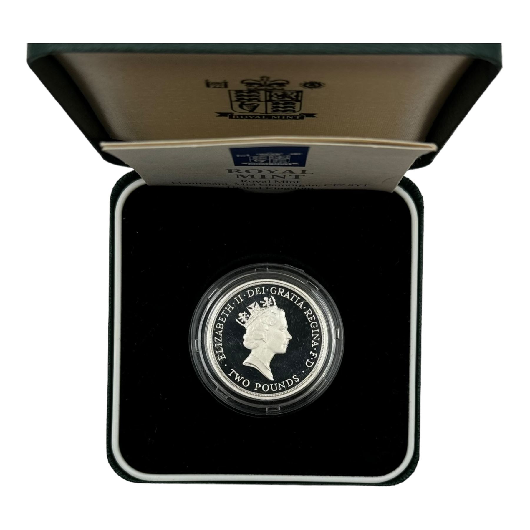 Six The Royal Mint United Kingdom silver proof two pound coins or sets, comprising 1995 '50th Anniversary of the United Nations', 1995 'Second World War', 1996 'A Celebration of Football', '1997 - 1998' two coin set, 1998 piedfort and 1999 'Rugby World Cup', all cased with certificates