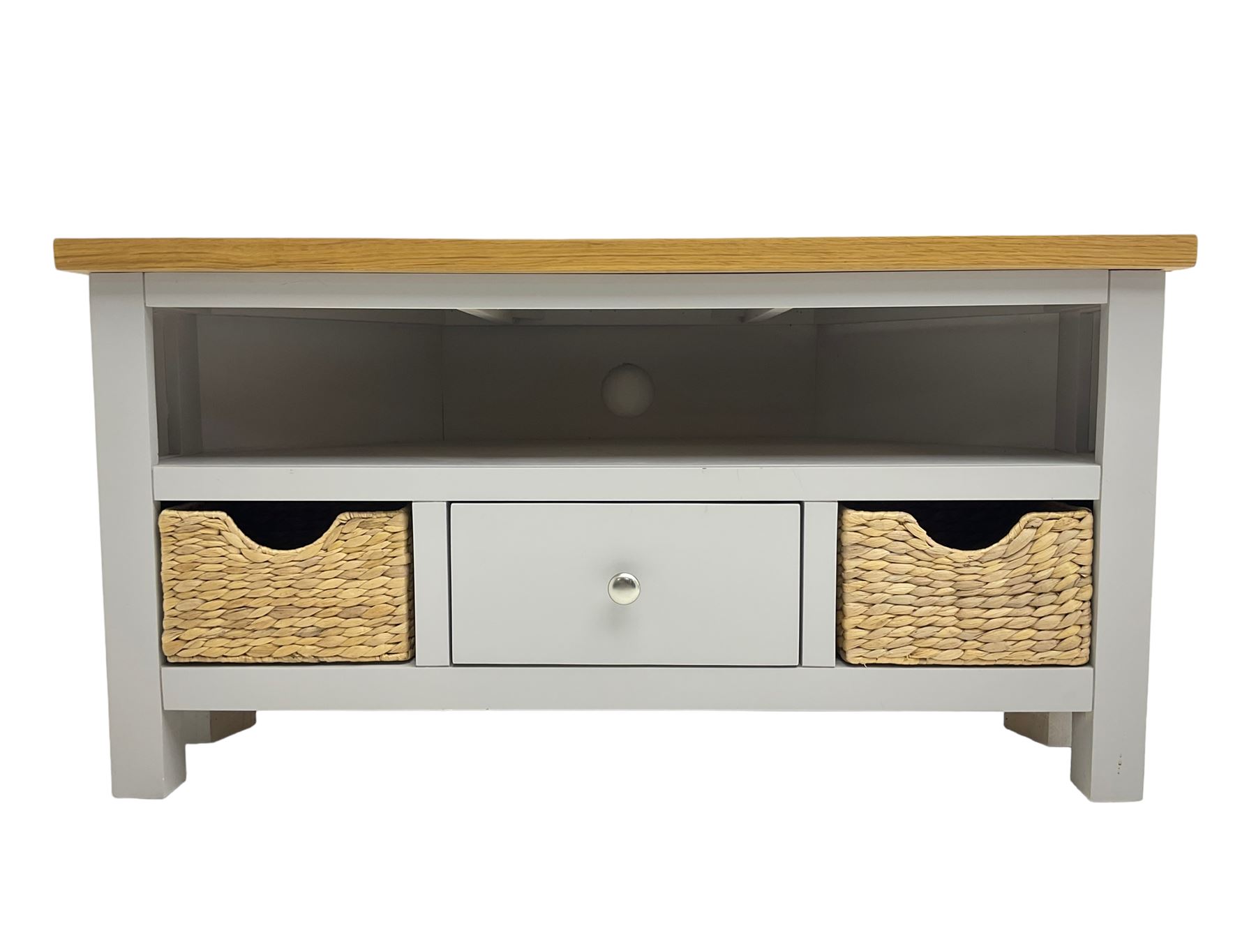 Roseland Farrow - oak and grey finish corner television stand, central drawer and two basket drawers (W100cm, H52cm, D45cm); and a matching nest of tables (51cm x40cm, H41cm)