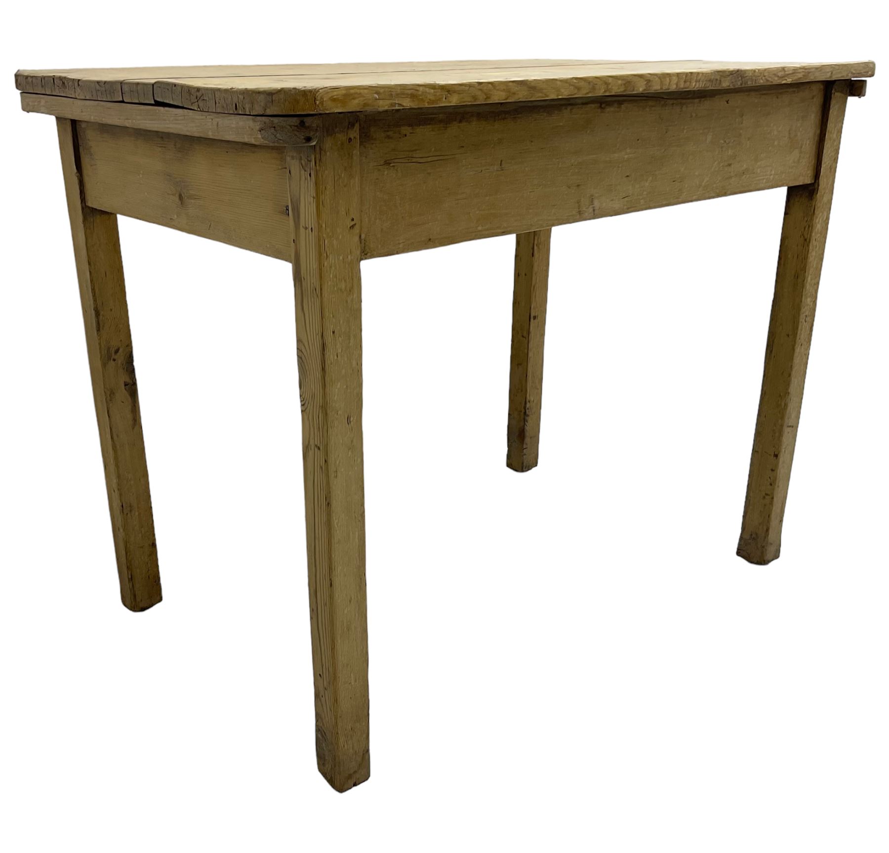 19th century rustic stripped pine side table, two plank rectangular top over square supports