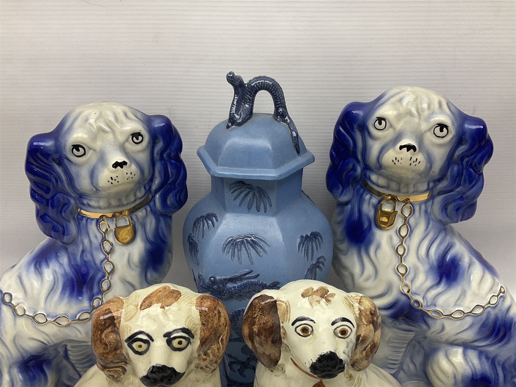 Pair of blue Staffordshire style dogs, together with a smaller brown pair, fish vase, oriental style ginger jar and four preserve jars including a Shelley example