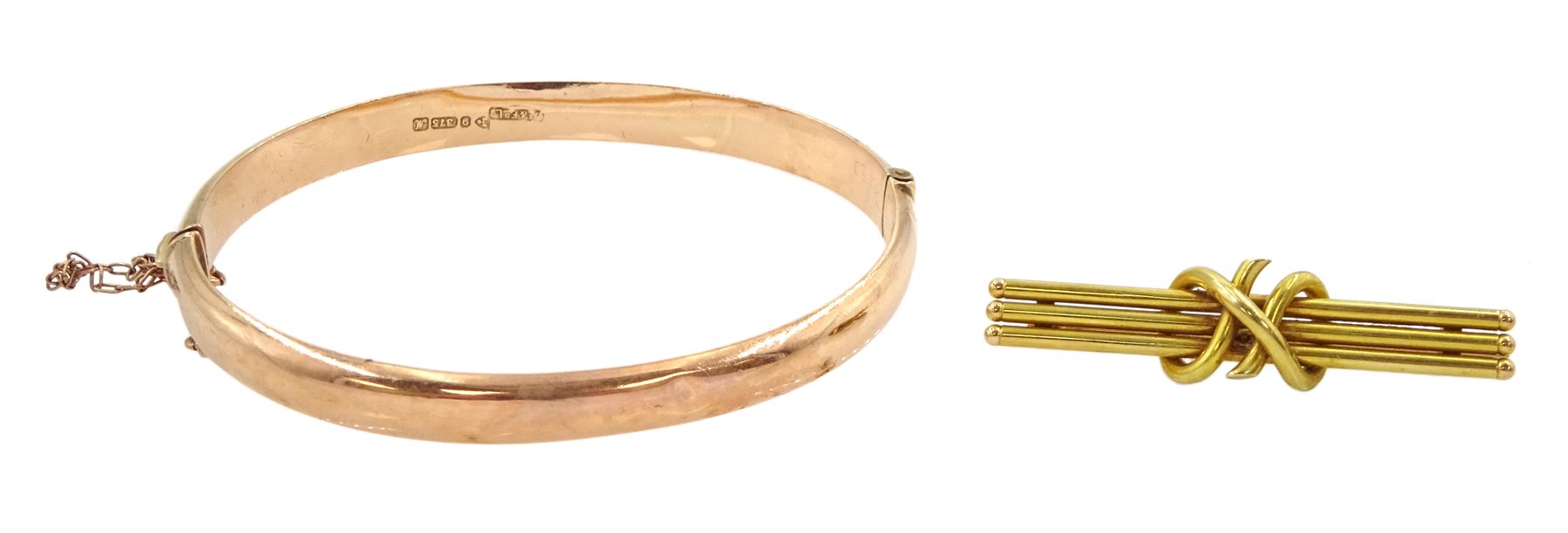 Early 20th century 15ct gold brooch, stamped and a 9ct rose gold bangle, hallmarked