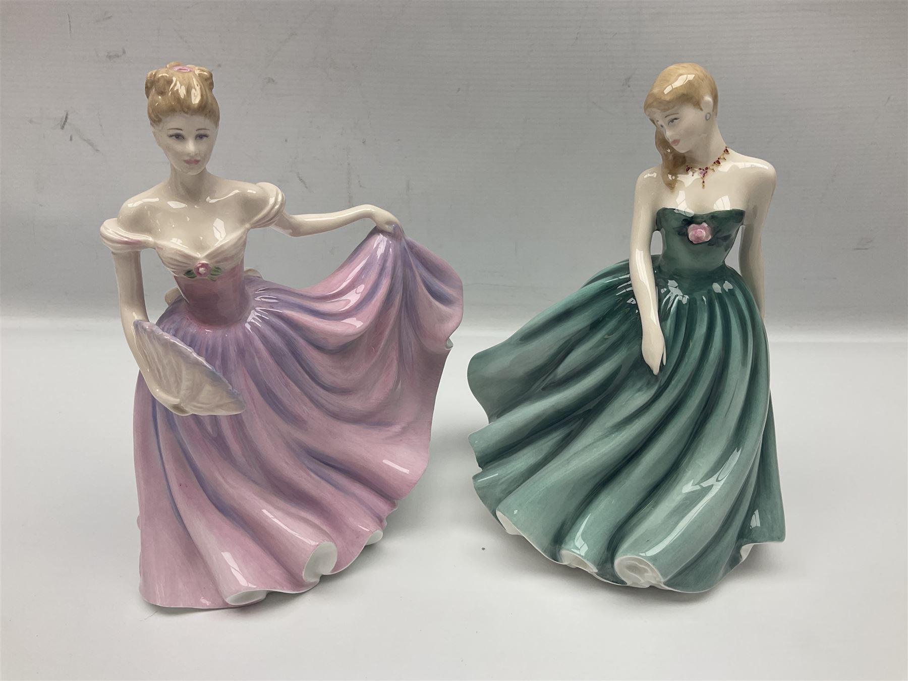 Six Royal Doulton figures, comprising Romance HN2430, Sarah HN3978, Rachel HN3976, Patricia HN3365, Elizabeth HN4426 and Reverie HN2306, all with printed mark beneath  