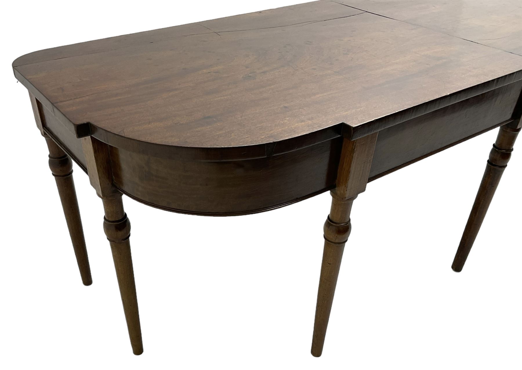 George III mahogany serving table, bow shaped top with banded frieze, raised on turned tapering supports