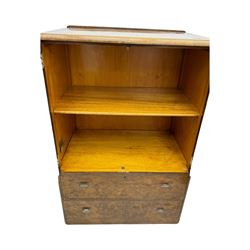 Early 20th century burr walnut cabinet, rectangular top with raised back, over double-door cupboard enclosing camphor interior with single shelf, lower section fitted with two drawers