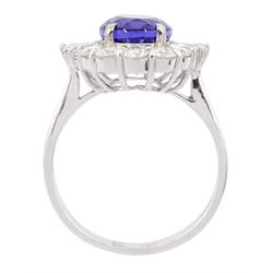 18ct white gold oval cut tanzanite, baguette and round brilliant cut diamond cluster ring, tanzanite 3.00 carat, total diamond weight 0.82 carat, with World Gemological Institute report