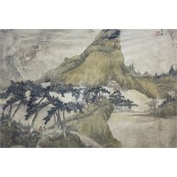 Chinese School (18th/19th century): Figures Sheltering under Trees beneath a Mountain, watercolour on silk with character signature and seal, attribution verso to Wen Xian (1720-1783) 33cm x 49cm