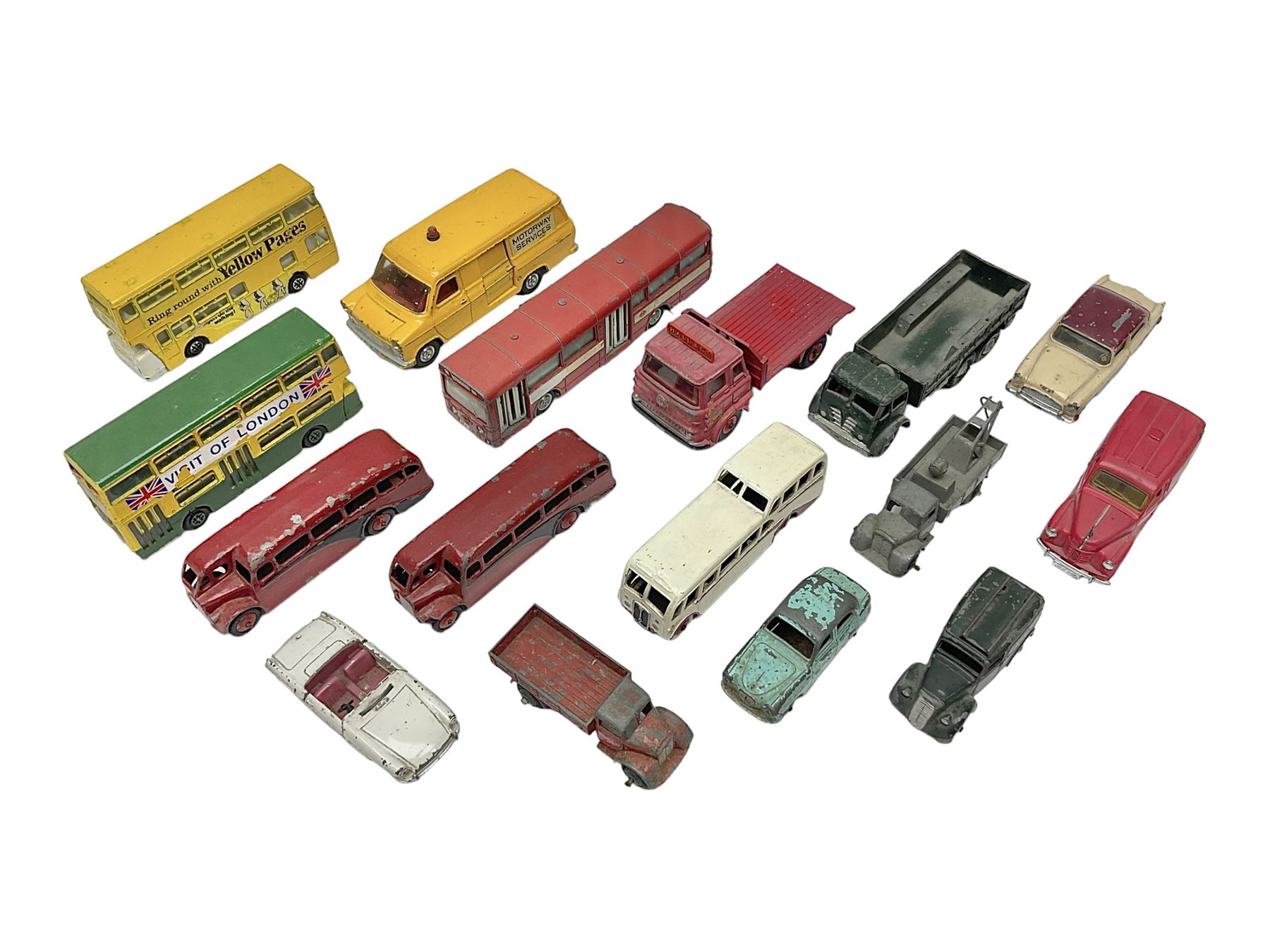 Dinky - sixteen unboxed and playworn die-cast models to include Single Deck Bus, two Atlantean Buses, Ford Transit Van, 10 Ton Army Truck, MGB Sports Car, Telephone Service Van etc 