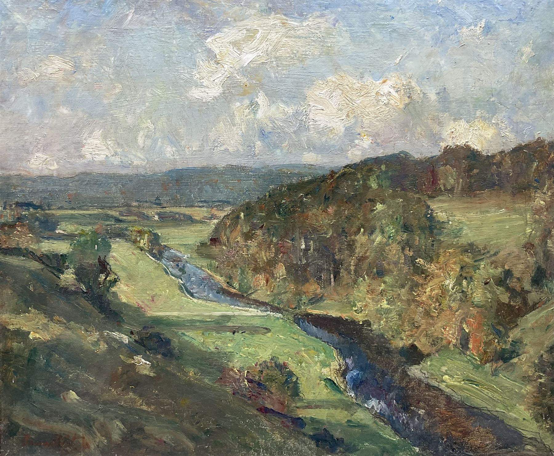 Reginald Grange Brundrit RA ROI (British 1883-1960): Aerial View of the River Wharfe, oil on canvas signed, Royal Academy label verso 49cm x 59cm 