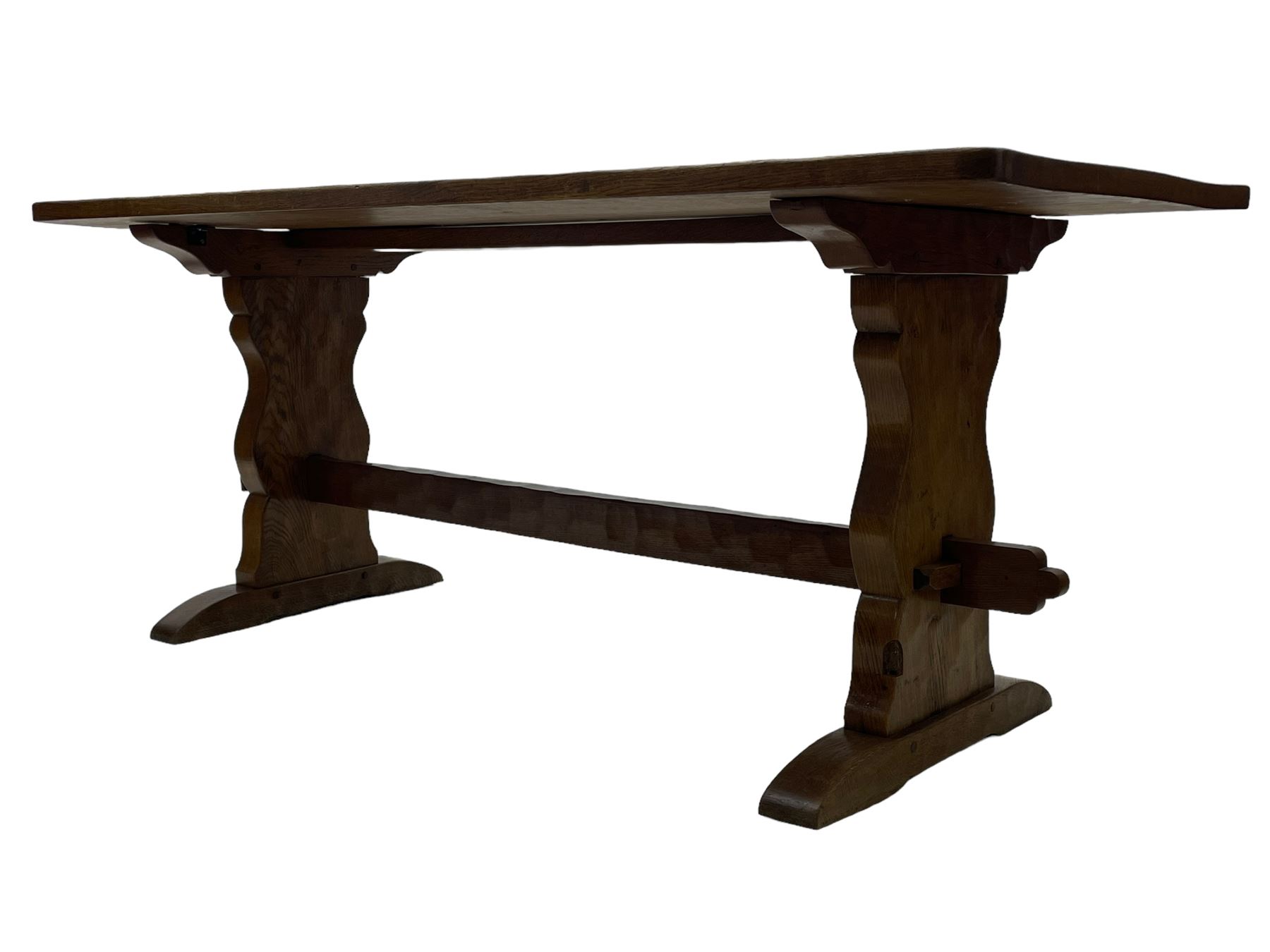 Gnomeman - oak dining table, rectangular adzed top, shaped end supports on sledge feet united by pegged stretcher, by Thomas Whittaker, Littlebeck, Whitby 