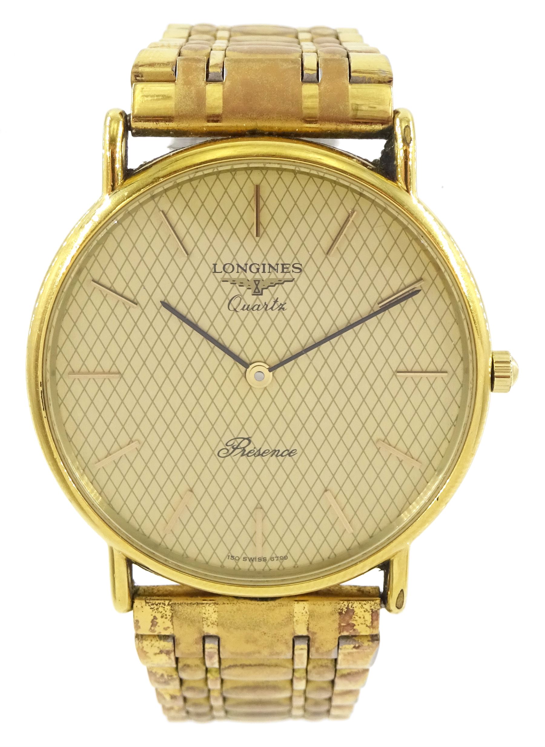 Longines Présence gentleman's gold-plated and stainless steel quartz wristwatch, on gold-plated strap, with certificate dated 1992