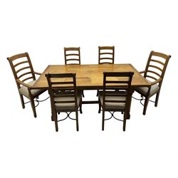 Barker & Stonehouse 'Flagstone' range mango wood dining table, fluted rectangular top with marquetry inlay, raised on turned supports connected by fluted H-stretcher; six (4+2) slatted-back chairs with beige upholstered seats H112cm 