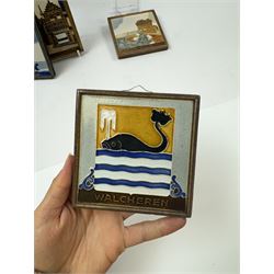 Five Dutch Westraven tiles, to include four square examples depicting maritime and similar scenes, and a rectangular example depicting a village scene, square tiles 10cm x 10cm, rectangular tile 15cm x 10cm