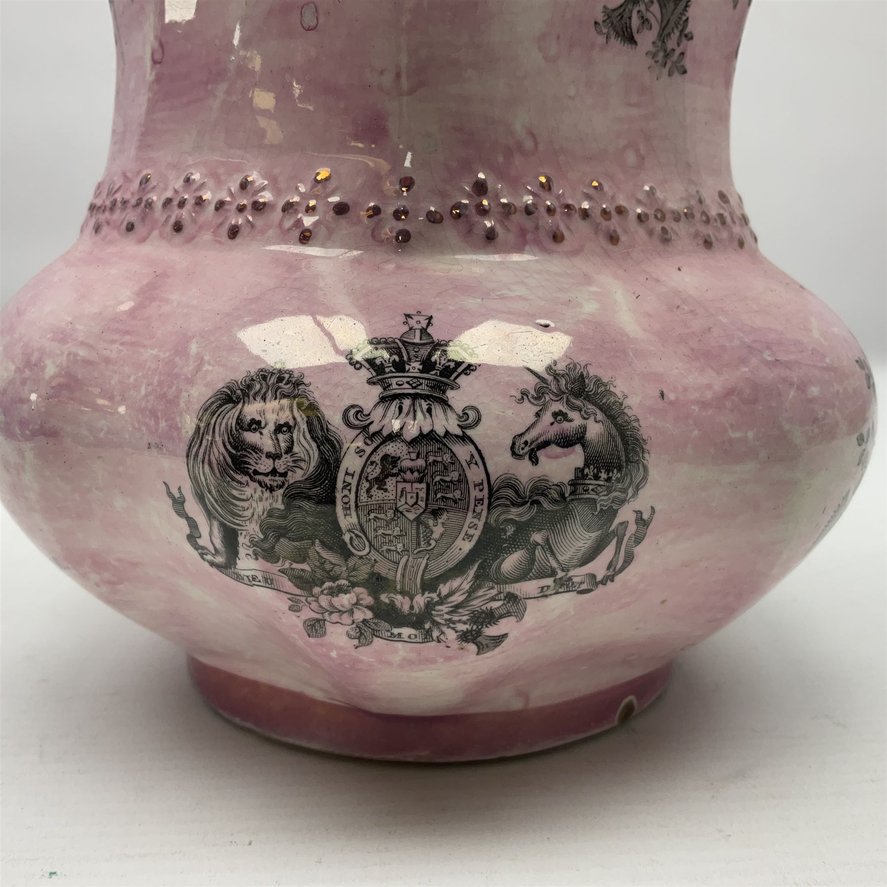 19th century Sunderland lustre jug, with portrait of King George IV and memoriam to the King verso, H19.5cm