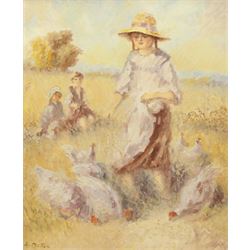 French School (20th Century): A Girl and Her Chickens, oil on canvas indistinctly signed 58cm x 47cm 