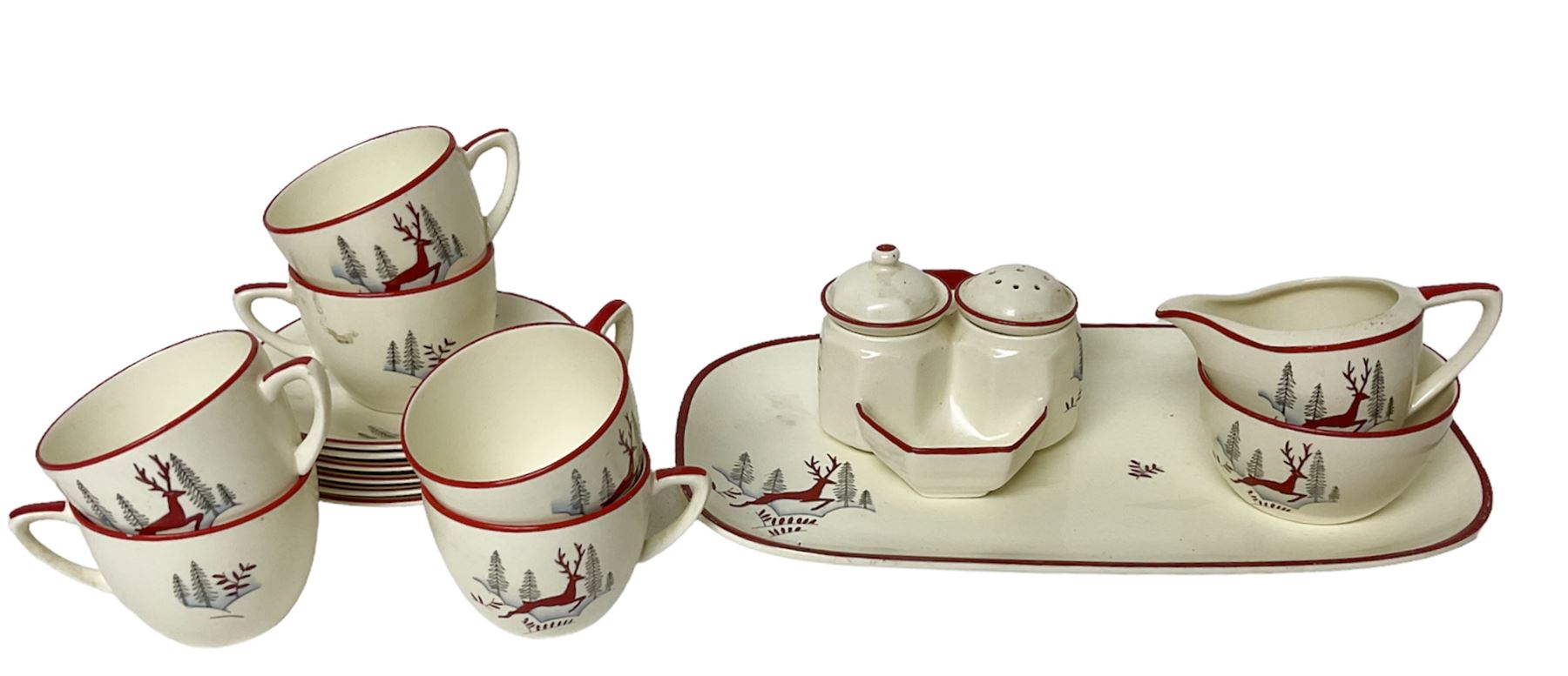 Crown Devon Stockholm pattern tea wares, comprising six cups and saucers,  cake plate, milk jug, sugar bowl and cruet set - Collectors & Clearance