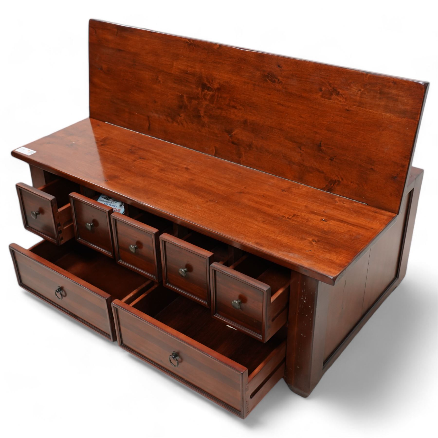 Hardwood rectangular coffee table, hinged top enclosing storage space, fitted with seven drawers 