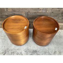 Pair of walnut circular barrel shaped lamp tables, fitted with single drawer