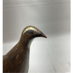 Early 20th century cold painted metal decoy bird, modelled as a Partridge, H34cm L55cm