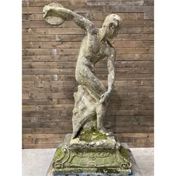 Life-size weathered cast stone Greek Discus Athlete, seated on rectangular slab raised on ...